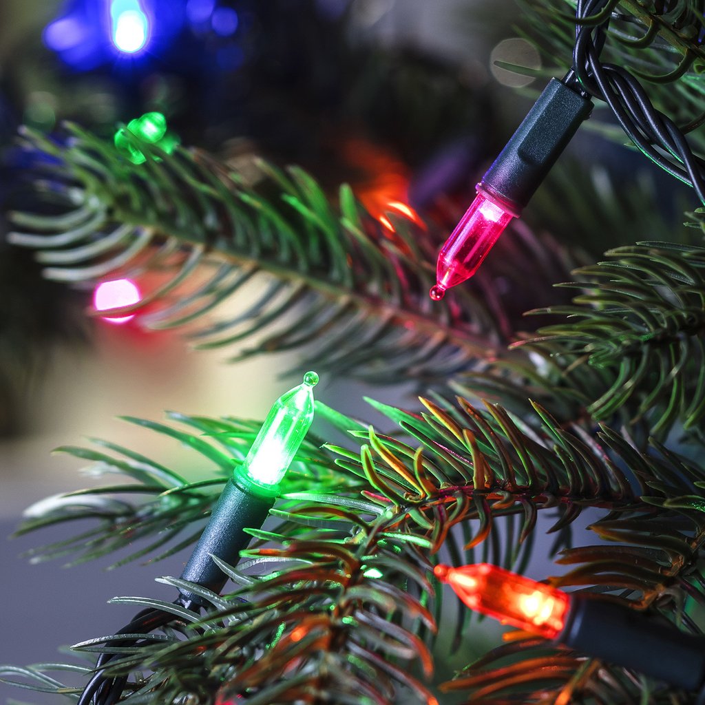 multicoloured LED lights on a christmas tree